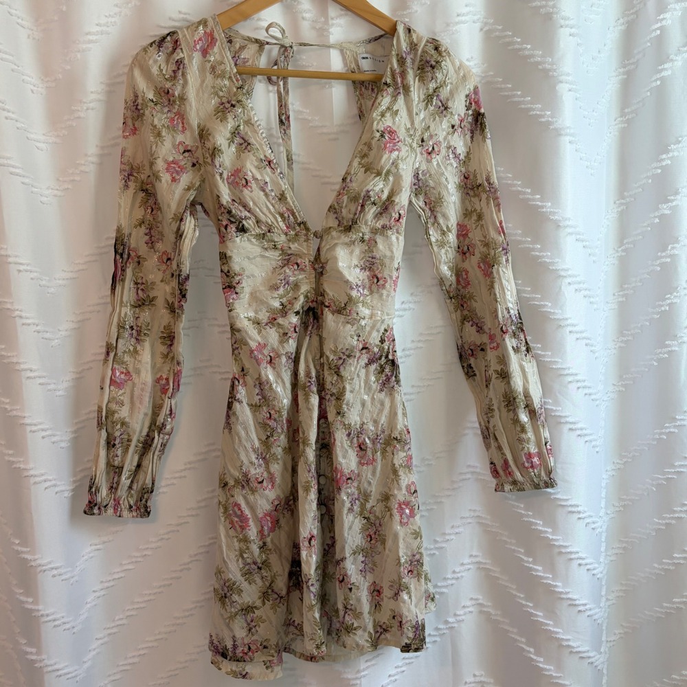 ASOS DESIGN Floral Metallic Stripe Open Back Mini Dress Pink Cream US 2 UK 6